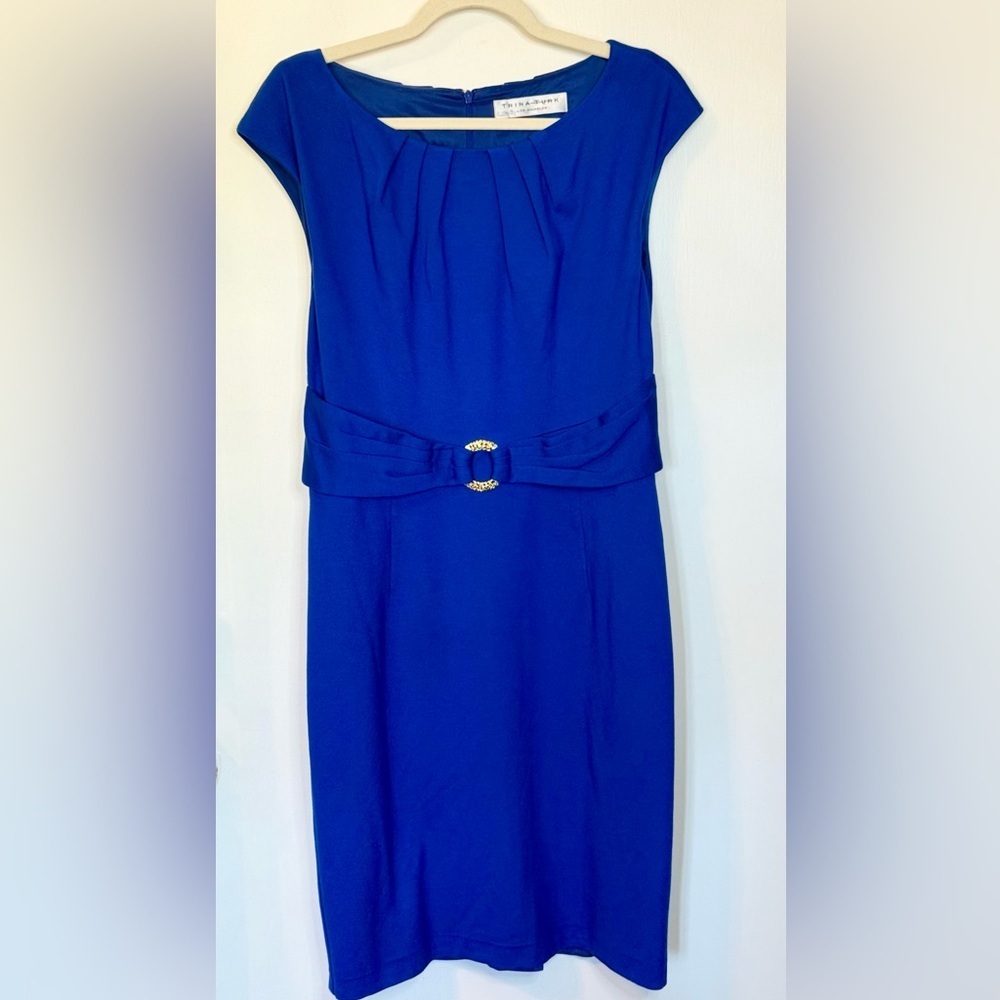 Trina Turk Royal Blue Pleated Belted Midi Dress With Gold Buckle